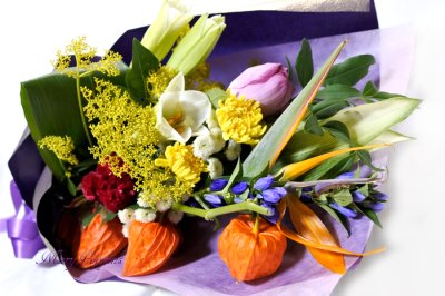 画像1: 蓮花と鬼灯の花束