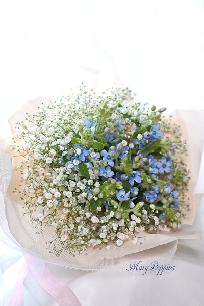ブルースターとかすみ草の花束・happy love｜フラワーギフトMaryPoppins
